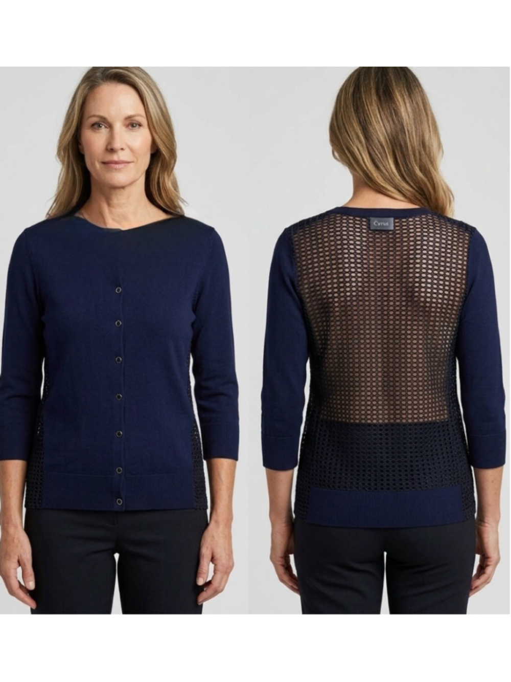 Cyrus Navy Blue Cardigan Sweater Crochet Lace Open Mesh Back Button Front M 2046